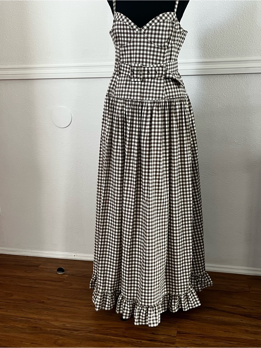 RACHEL Rachel Roy Brown/beige Gingham Maxi Dress with Belted Waist
